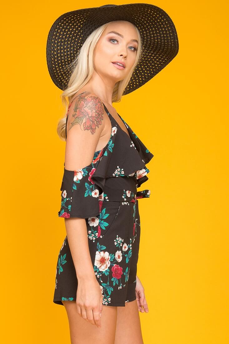 Sadie Floral Ruffled Collar Romper Black Print by Selfie Leslie