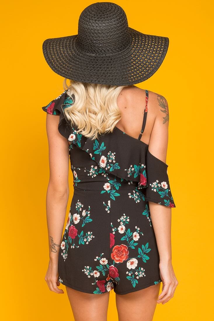 Sadie Floral Ruffled Collar Romper Black Print by Selfie Leslie