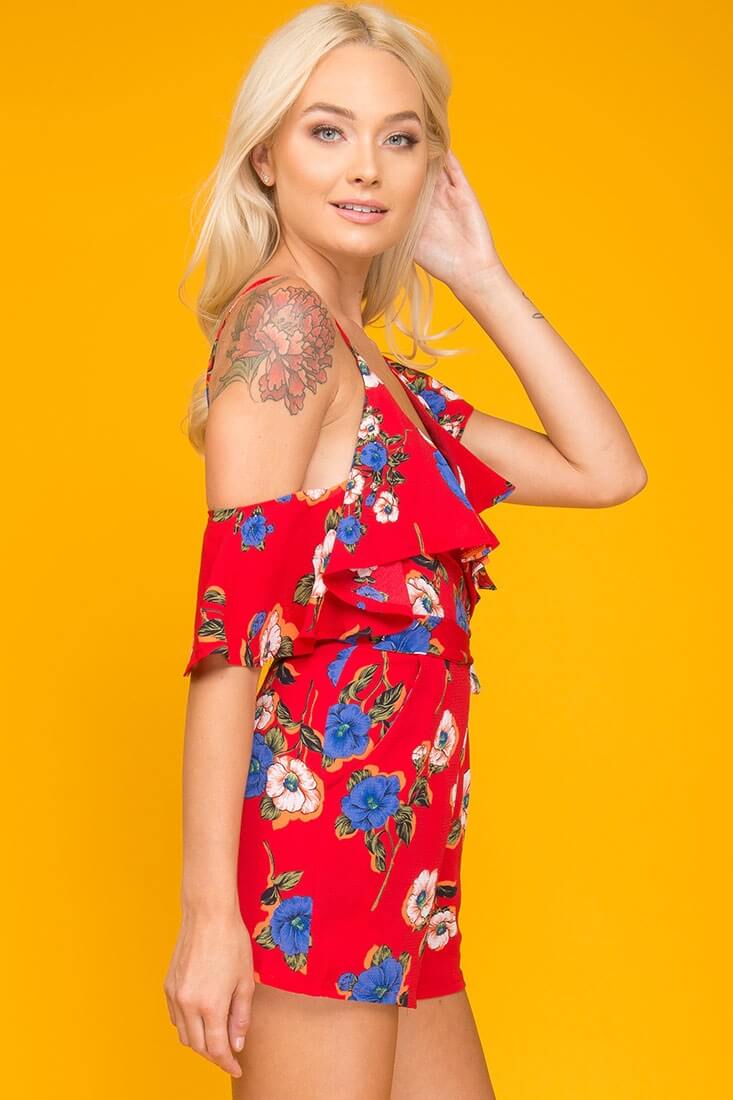 Daleyza Ruffled Floral Romper Red & Blue by Selfie Leslie