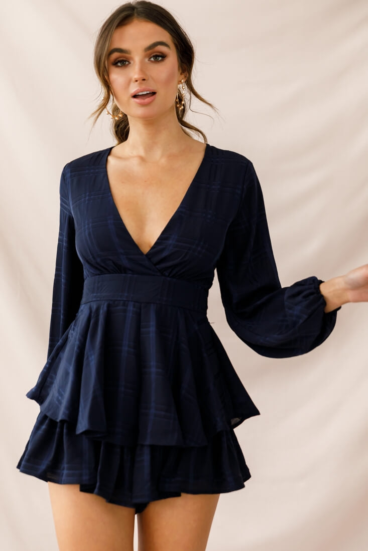 Maddox Fit & Flare Long Sleeve Romper Navy by Selfie Leslie