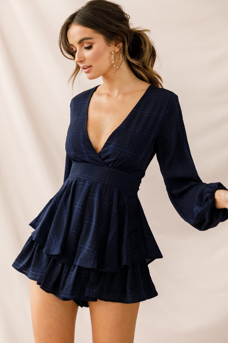 Maddox Fit & Flare Long Sleeve Romper Navy by Selfie Leslie