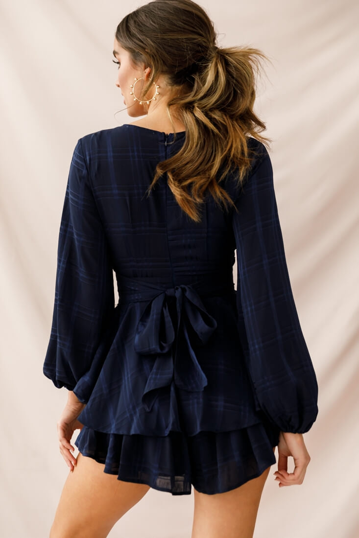 Maddox Fit & Flare Long Sleeve Romper Navy by Selfie Leslie