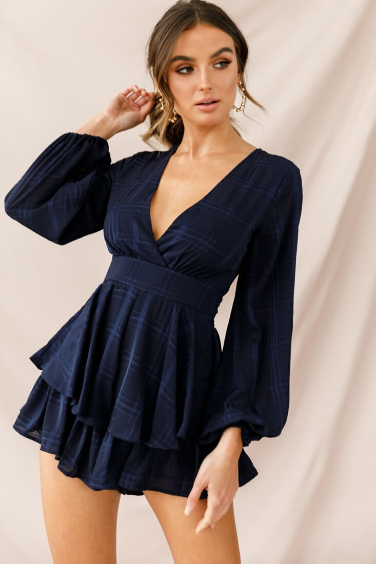 Maddox Fit & Flare Long Sleeve Romper Navy by Selfie Leslie