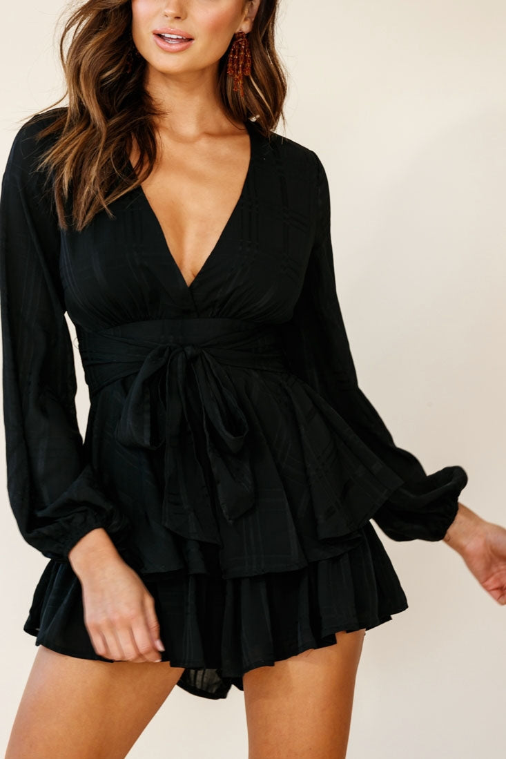 Maddox Fit & Flare Long Sleeve Romper Black by Selfie Leslie