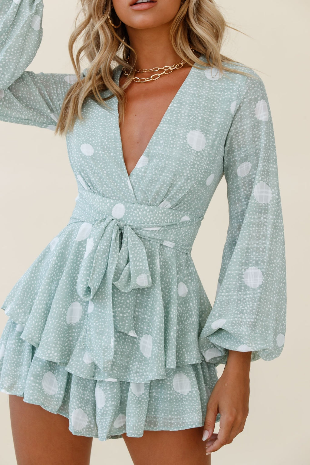 Maddox Fit & Flare Long Sleeve Romper Polka Dot Print Green by Selfie Leslie