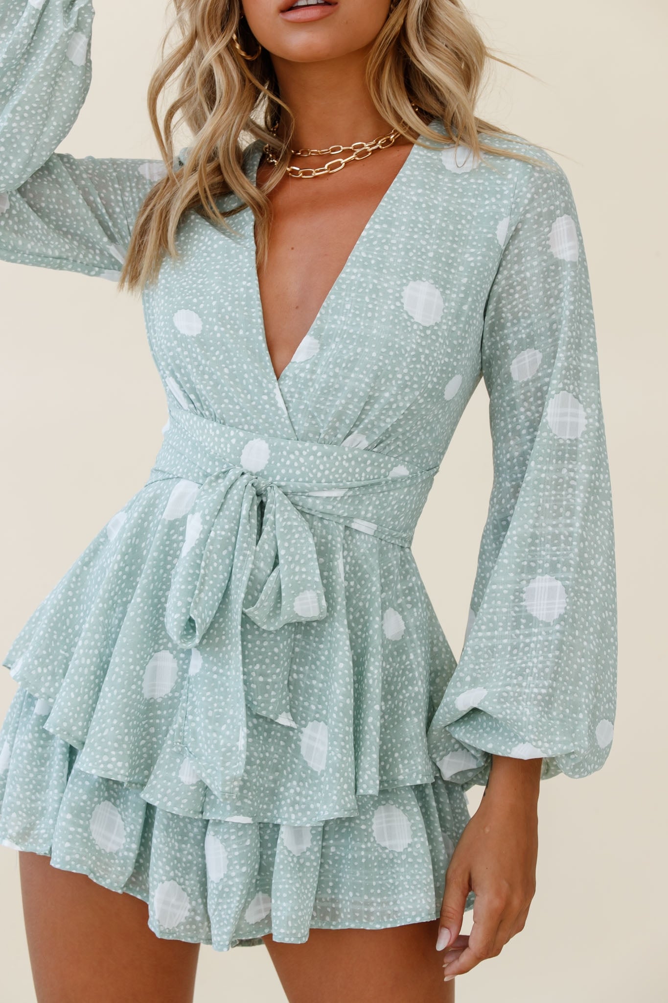 Maddox Fit & Flare Long Sleeve Romper Polka Dot Print Green by Selfie Leslie