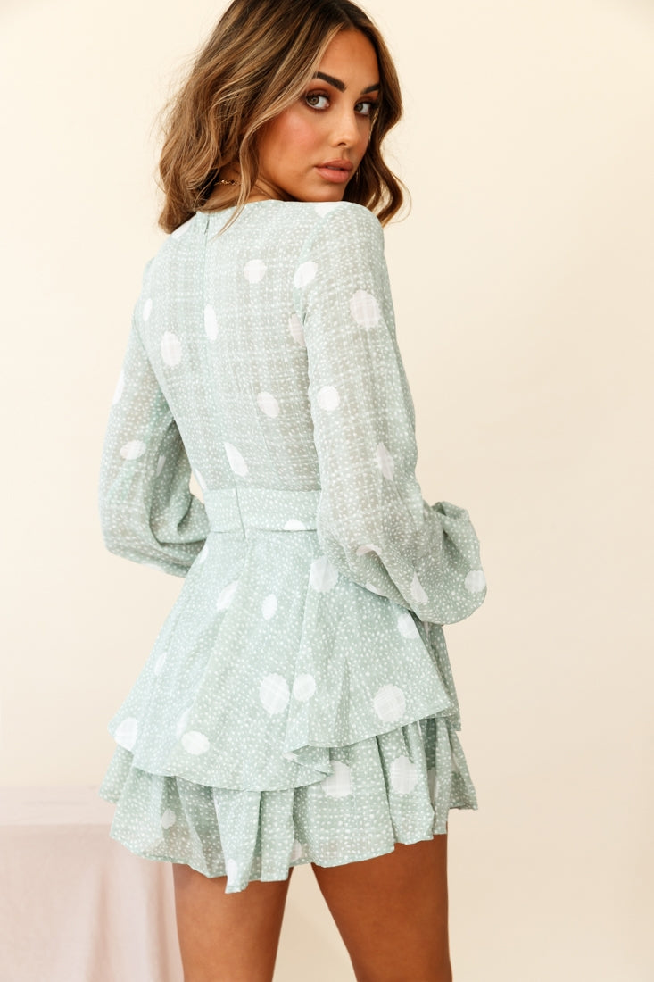 Maddox Fit & Flare Long Sleeve Romper Polka Dot Print Green by Selfie Leslie