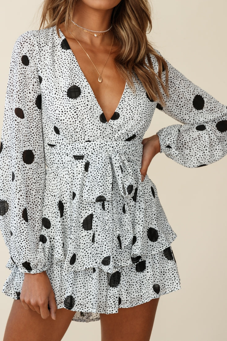 Maddox Fit & Flare Long Sleeve Romper Large Spot Print White by Selfie Leslie