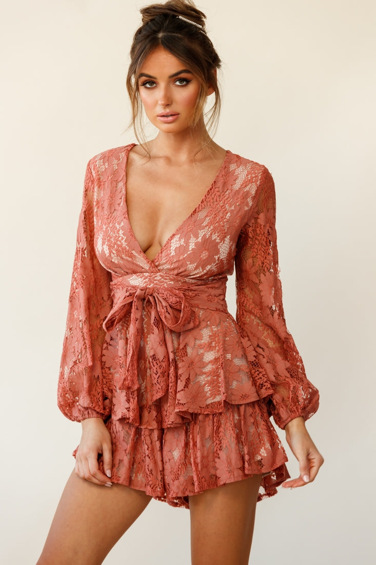 Maddox Fit & Flare Long Sleeve Romper Floral Lace Rose by Selfie Leslie