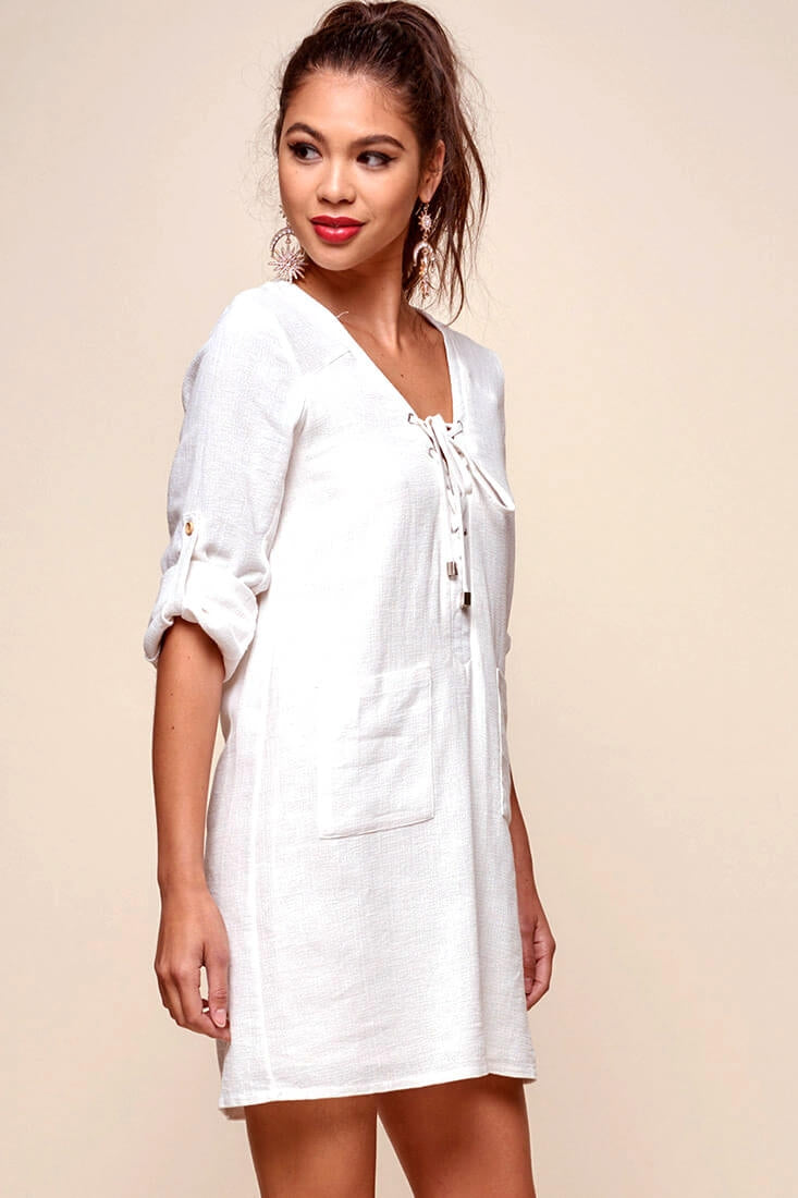 Katie Lace-Up Front Casual Dress White by Selfie Leslie