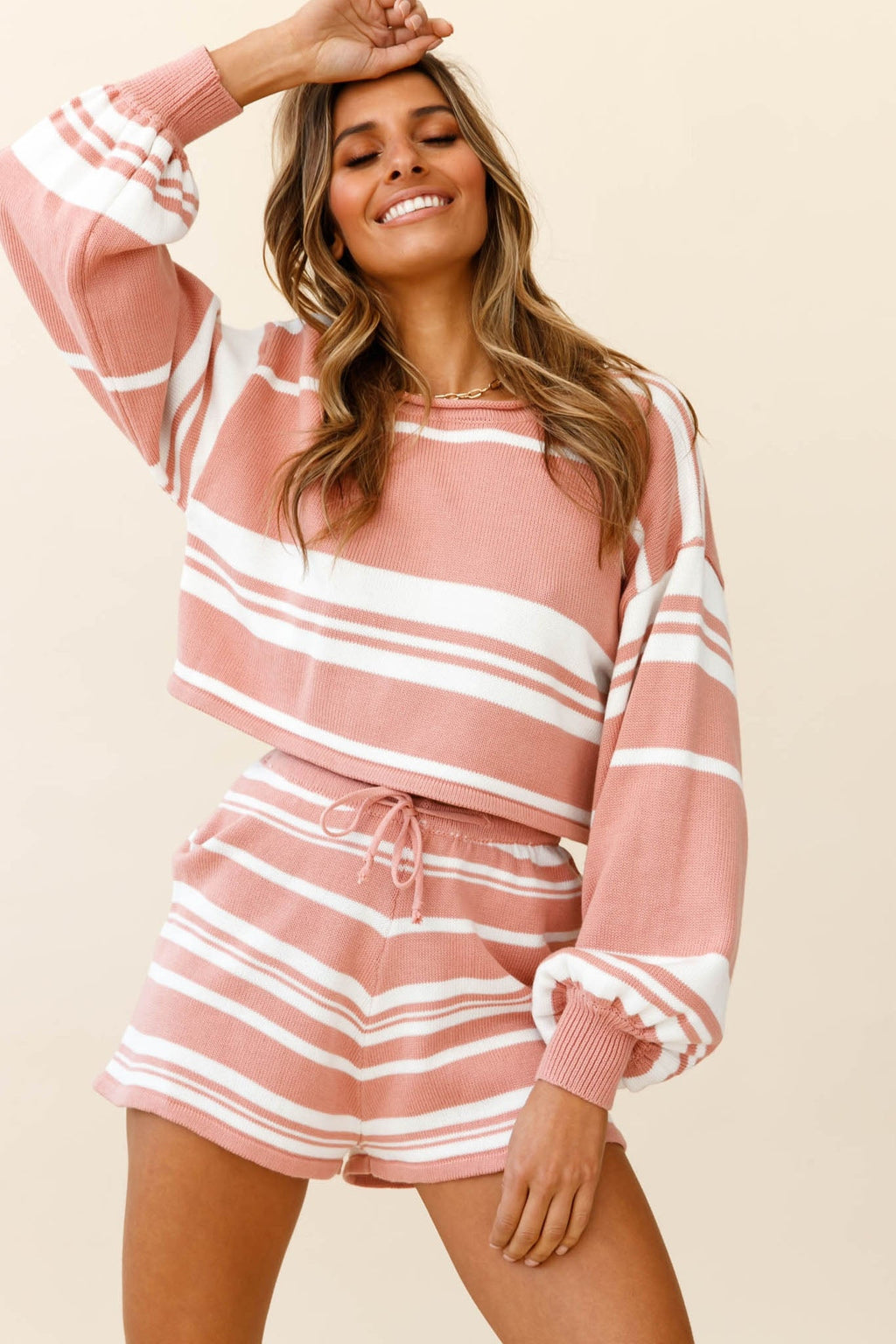 Carlo Long Balloon Sleeve Crop Top Striped Pattern Blush by Selfie Leslie