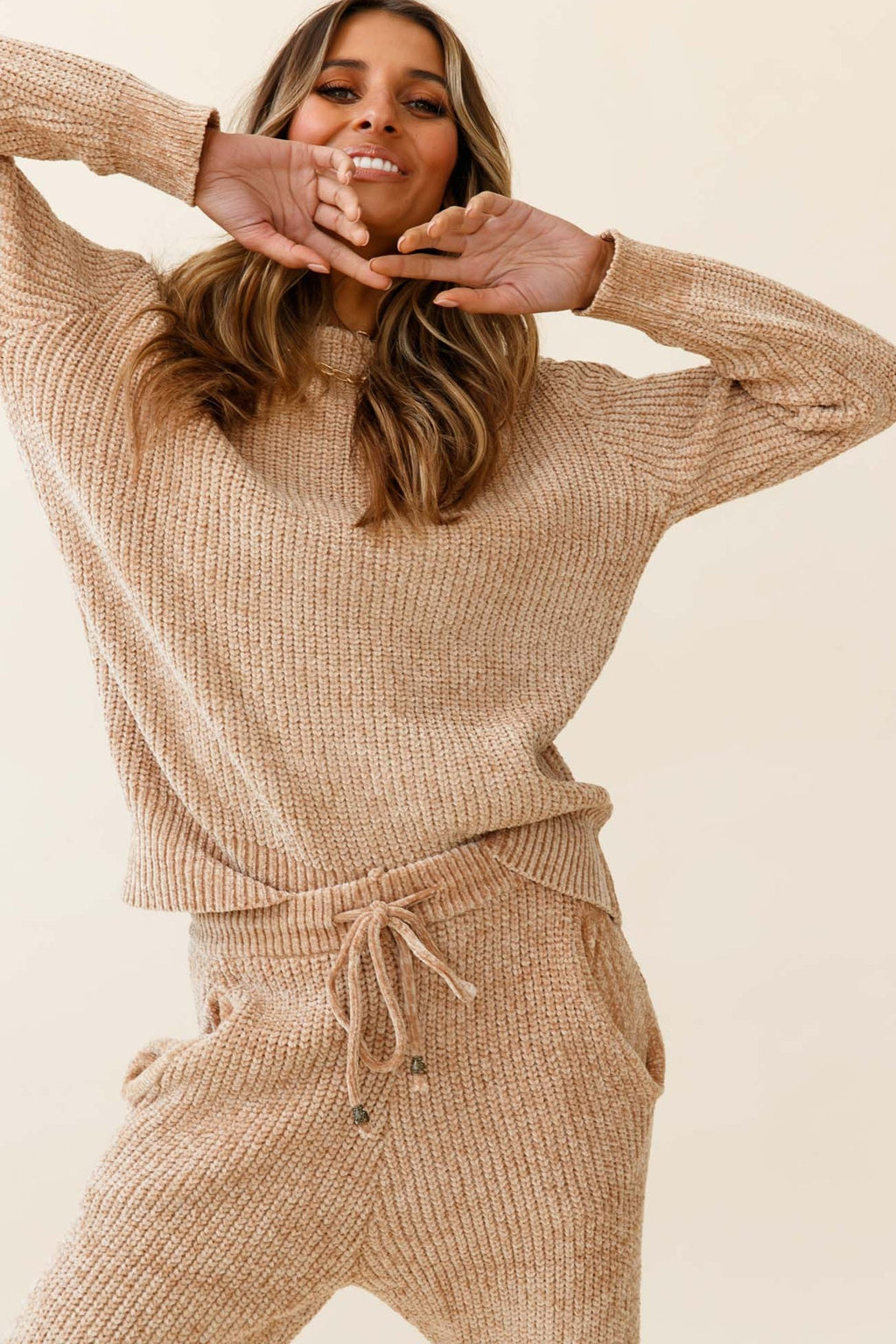 Robin Long Sleeve Ribbed Knit Sweater Tan by Selfie Leslie