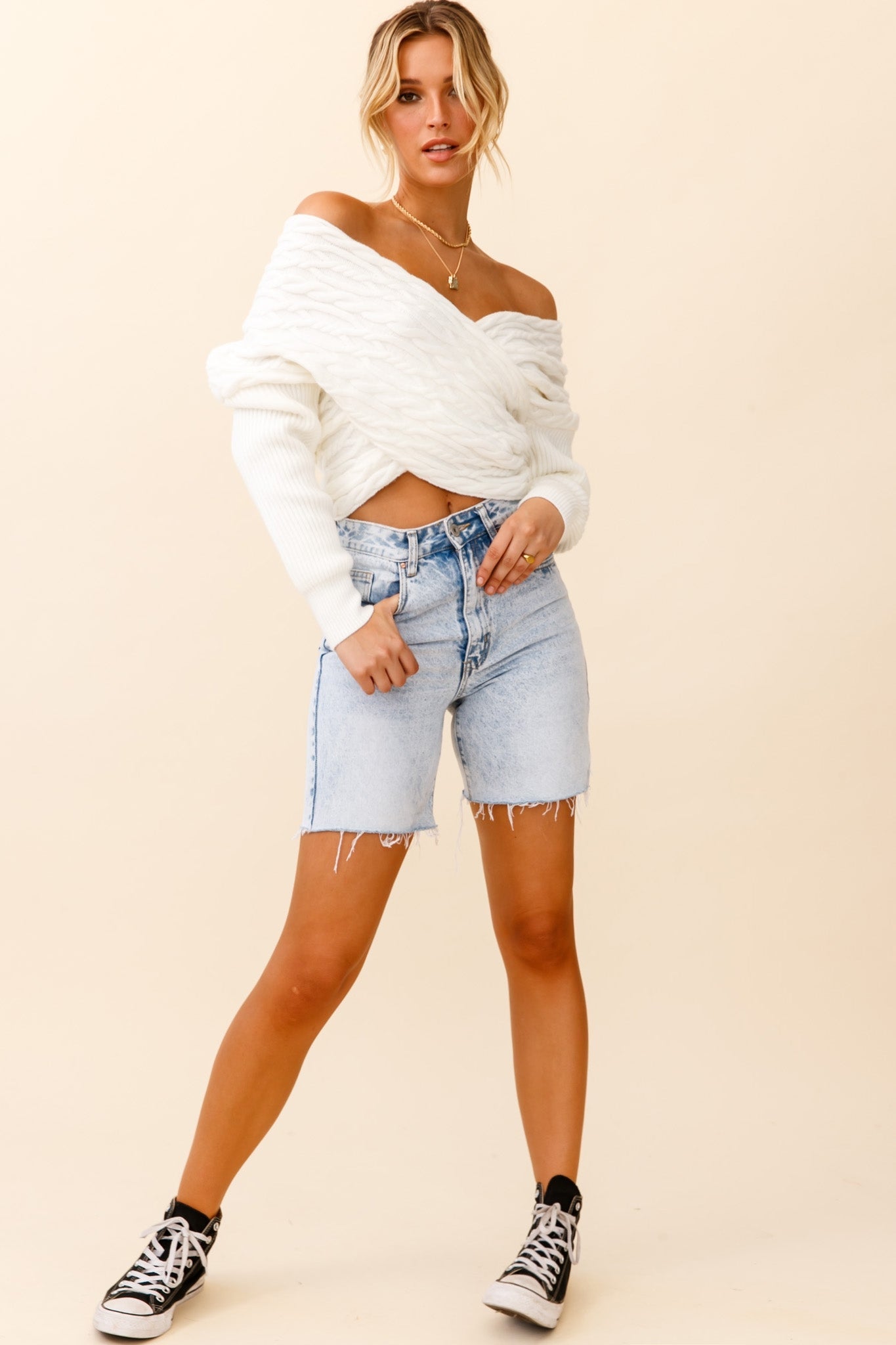 Heartstopper Off-Shoulder Wrap Knit Top White by Selfie Leslie