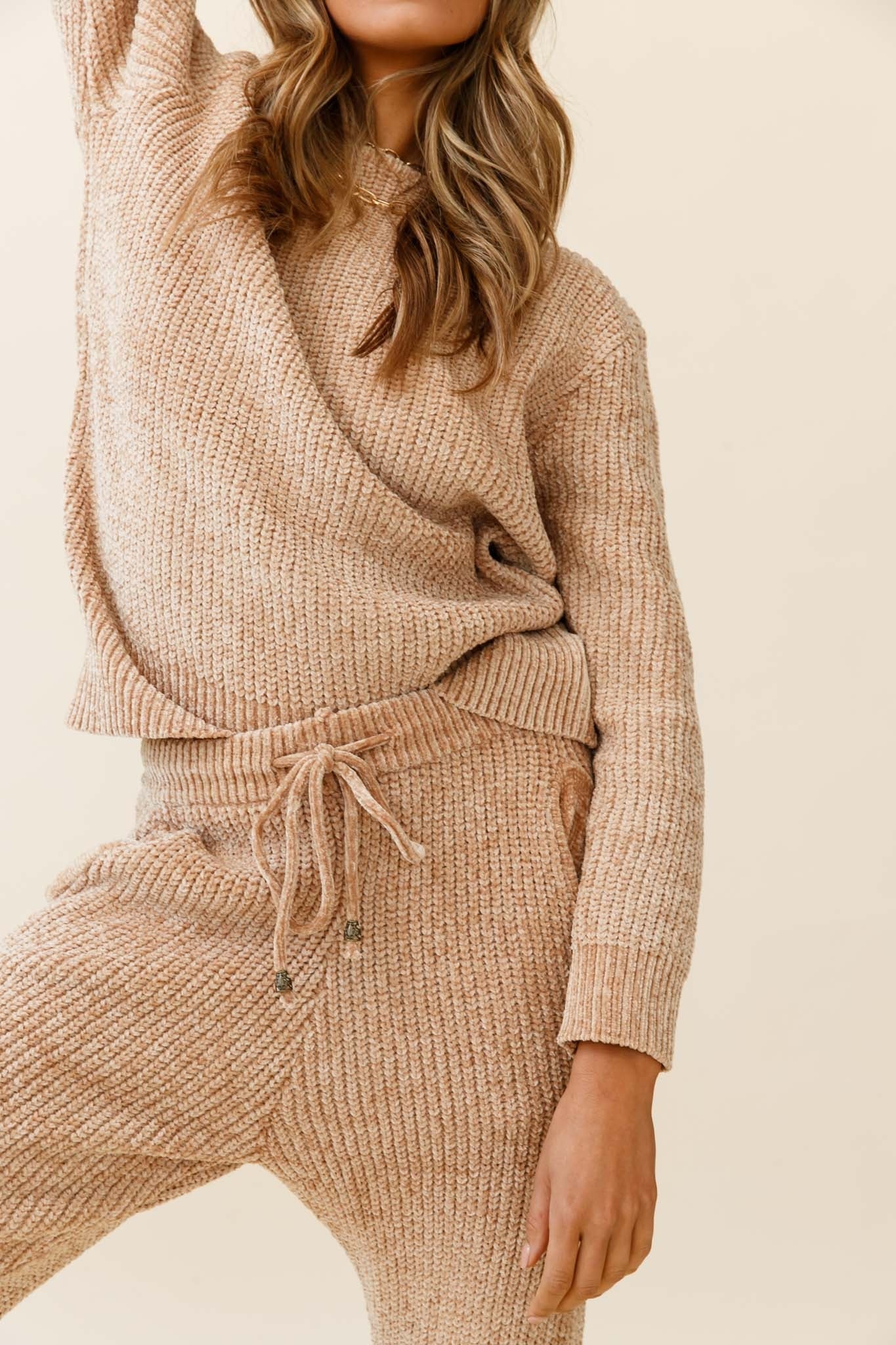 Robin Cuffed Hem Drawstring Ribbed Knit Pants Tan by Selfie Leslie